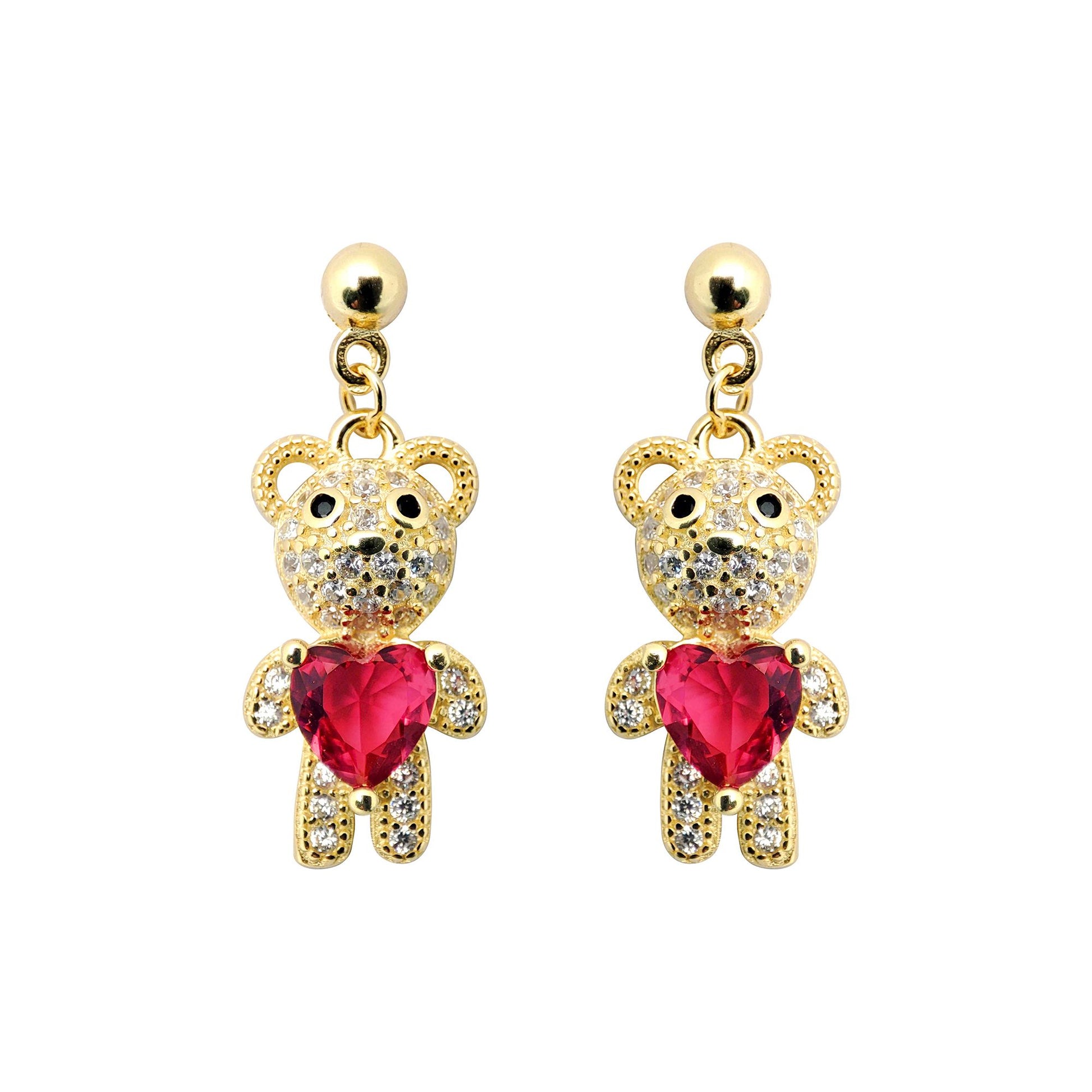 Gold-plated Silver  Red Heart CZ Teddy Bears Love Drop Earrings - AES218