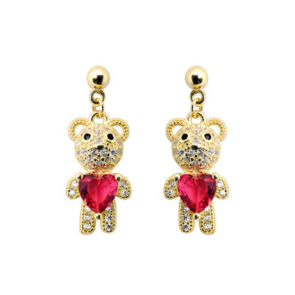 Gold-plated Silver  Red Heart CZ Teddy Bears Love Drop Earrings - AES218