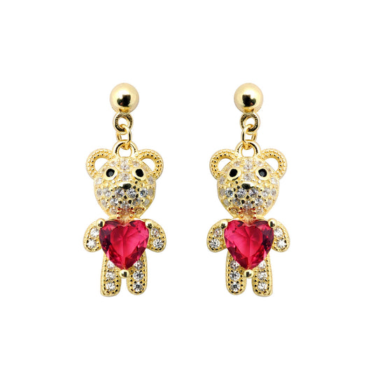 Gold-plated Silver  Red Heart CZ Teddy Bears Love Drop Earrings - AES218
