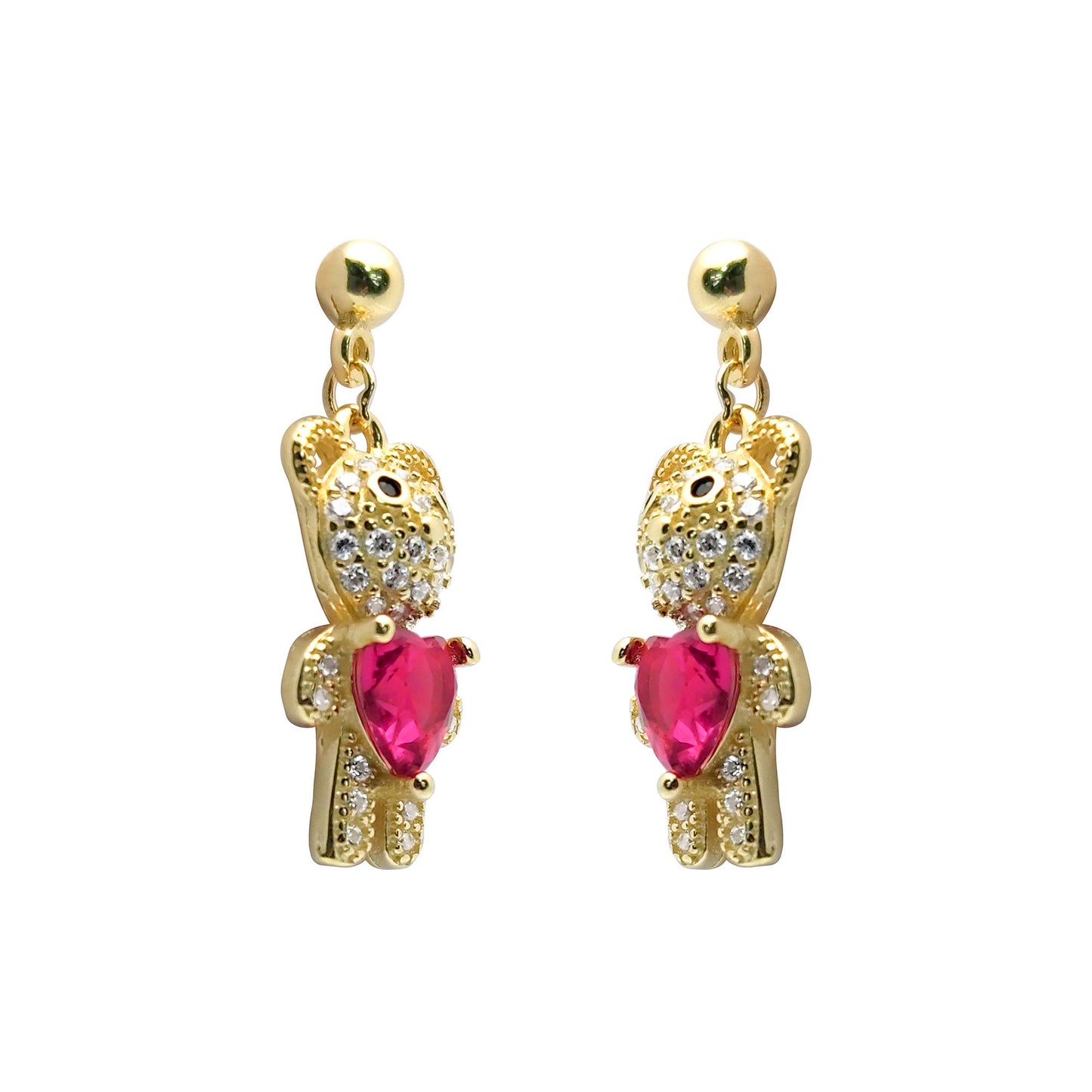 Gold-plated Silver  Red Heart CZ Teddy Bears Love Drop Earrings - AES218