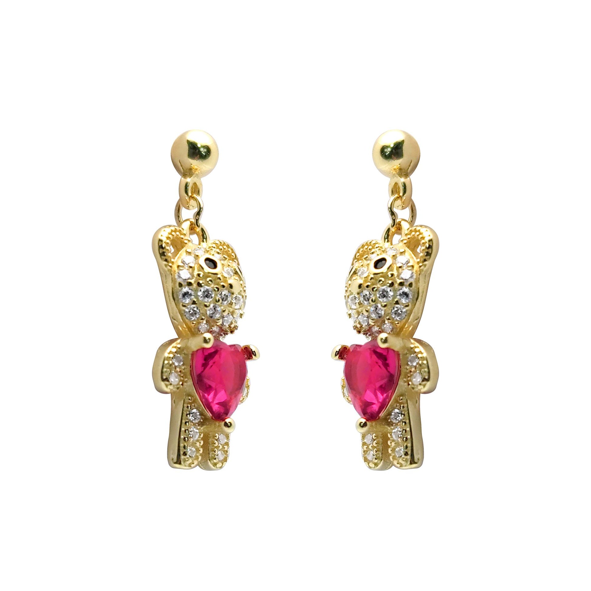 Gold-plated Silver  Red Heart CZ Teddy Bears Love Drop Earrings - AES218