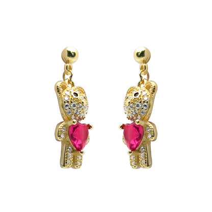 Gold-plated Silver  Red Heart CZ Teddy Bears Love Drop Earrings - AES218