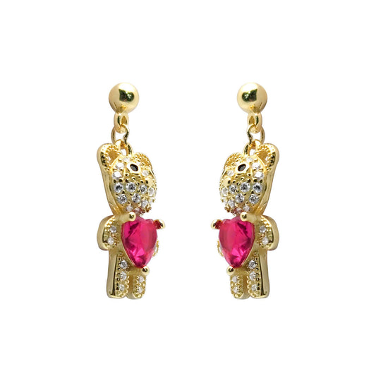 Gold-plated Silver  Red Heart CZ Teddy Bears Love Drop Earrings - AES218