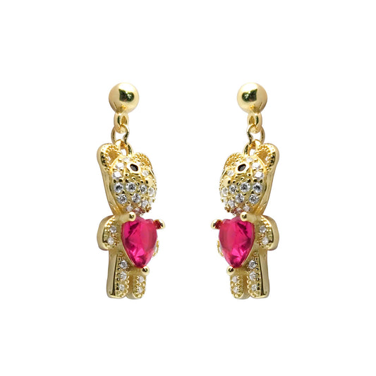 Gold-plated Silver  Red Heart CZ Teddy Bears Love Drop Earrings - AES218