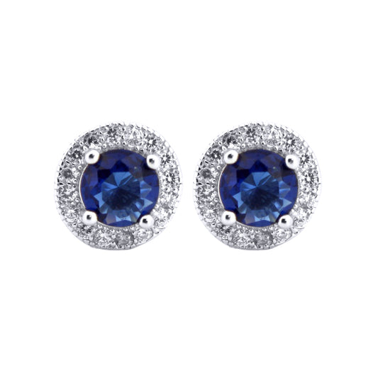 Silver  Blue CZ Circle Halo Solitaire Cluster Stud Earrings - AES219B