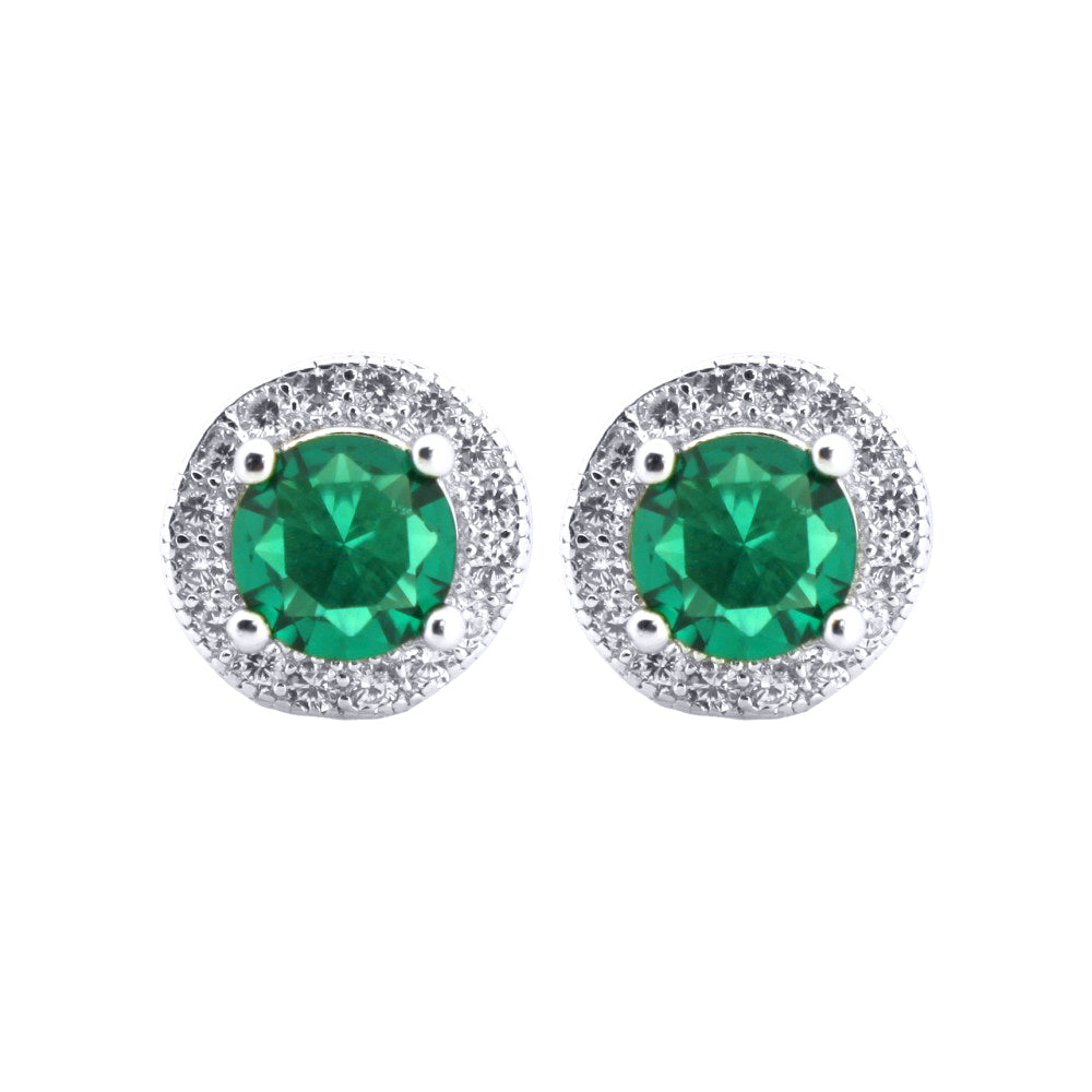 Silver  Green CZ Circle Halo Solitaire Cluster Stud Earrings - AES219G