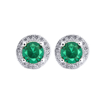 Silver  Green CZ Circle Halo Solitaire Cluster Stud Earrings - AES219G