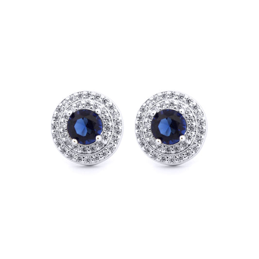 Silver  Blue CZ Double Circle Halo Solitaire Cluster Stud Earrings - AES220B