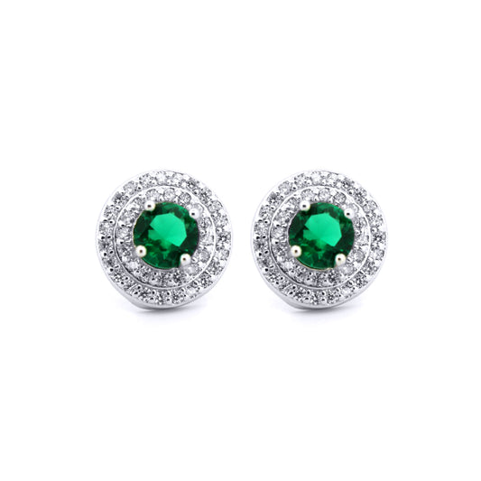 Silver  Green CZ Circle Halo Solitaire Cluster Stud Earrings - AES220G