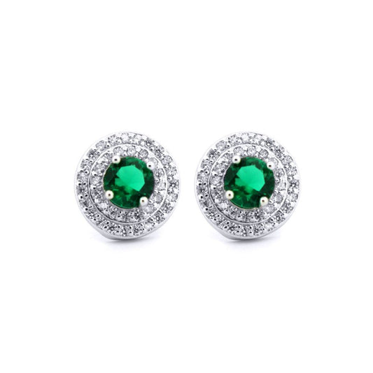 Silver Green CZ Circle Halo Solitaire Cluster Stud Earrings - AES220G
