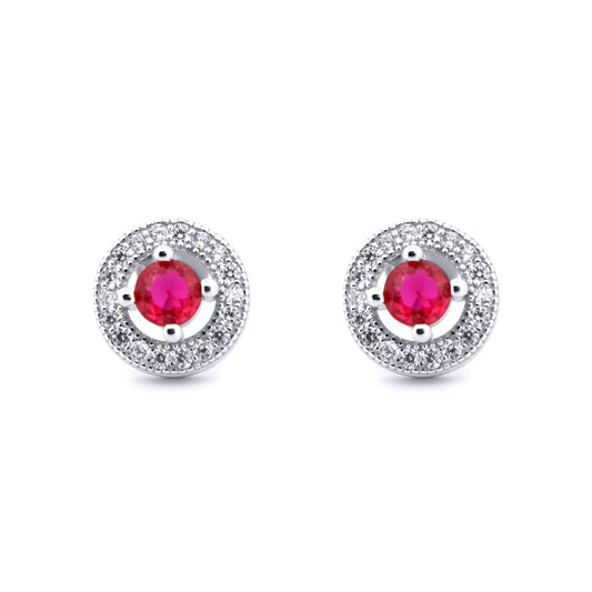 Silver  Red CZ Double Circle Halo Solitaire Cluster Stud Earrings - AES220R