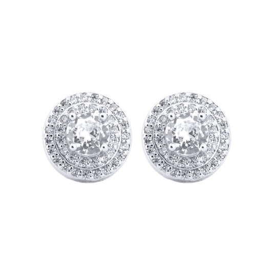 Silver  CZ Double Circle Halo Solitaire Cluster Stud Earrings - AES220W