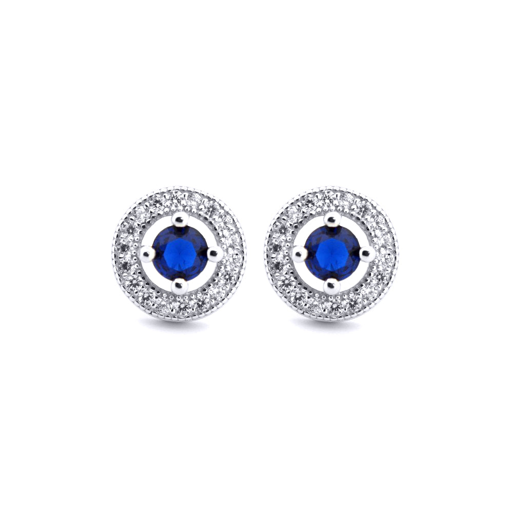 Silver  Blue CZ Circle Halo Solitaire Bullseye Stud Earrings - AES221B