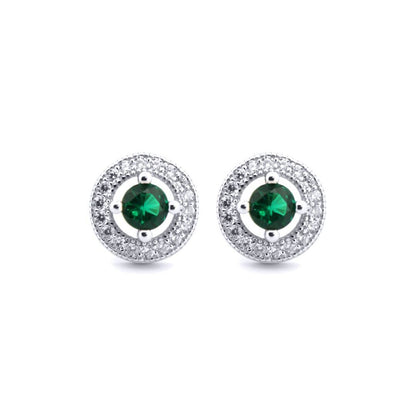 Silver  Green CZ Circle Halo Solitaire Bullseye Stud Earrings - AES221G