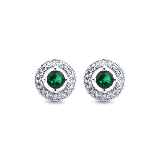 Silver  Green CZ Circle Halo Solitaire Bullseye Stud Earrings - AES221G