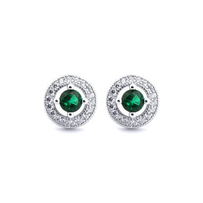 Silver  Green CZ Circle Halo Solitaire Bullseye Stud Earrings - AES221G