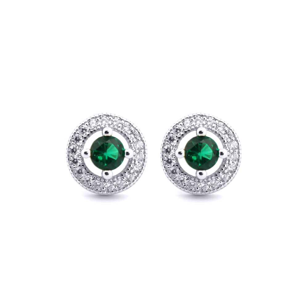 Silver  Green CZ Circle Halo Solitaire Bullseye Stud Earrings - AES221G