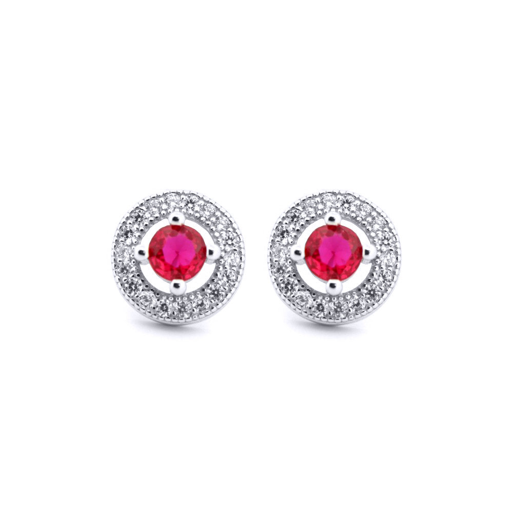 Silver  Red CZ Circle Halo Solitaire Bullseye Stud Earrings - AES221R