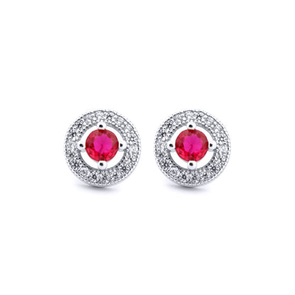 Silver  Red CZ Circle Halo Solitaire Bullseye Stud Earrings - AES221R