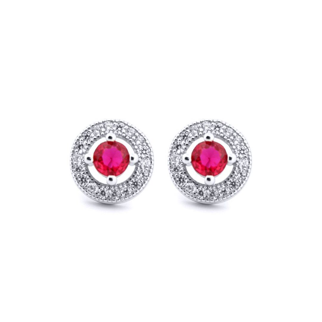 Silver  Red CZ Circle Halo Solitaire Bullseye Stud Earrings - AES221R