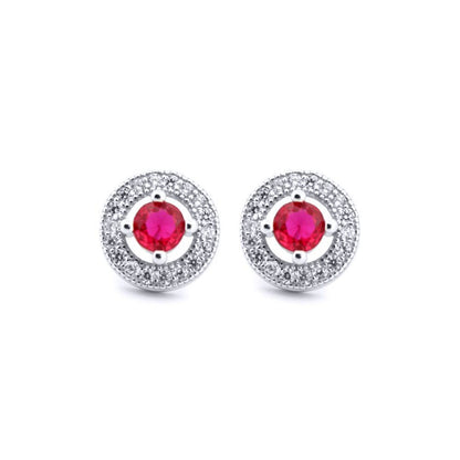 Silver  Red CZ Circle Halo Solitaire Bullseye Stud Earrings - AES221R