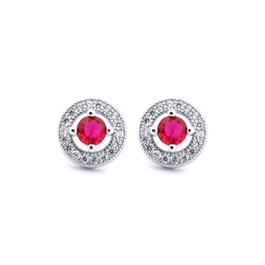 Silver  Red CZ Circle Halo Solitaire Bullseye Stud Earrings - AES221R