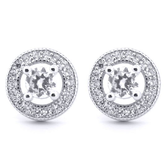 Silver  Round CZ Circle Halo Solitaire Bullseye Stud Earrings - AES221W