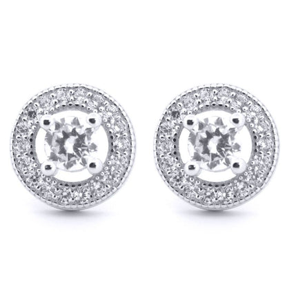Silver  Round CZ Circle Halo Solitaire Bullseye Stud Earrings - AES221W