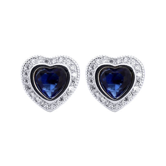 Silver  Blue Heart CZ Love Halo Solitaire Cluster Stud Earrings - AES222B