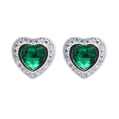 Silver  Green Heart CZ Love Halo Solitaire Cluster Stud Earrings - AES222G