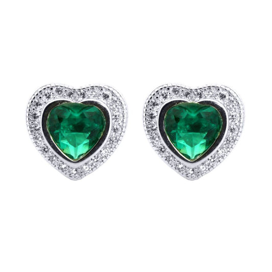 Silver  Green Heart CZ Love Halo Solitaire Cluster Stud Earrings - AES222G