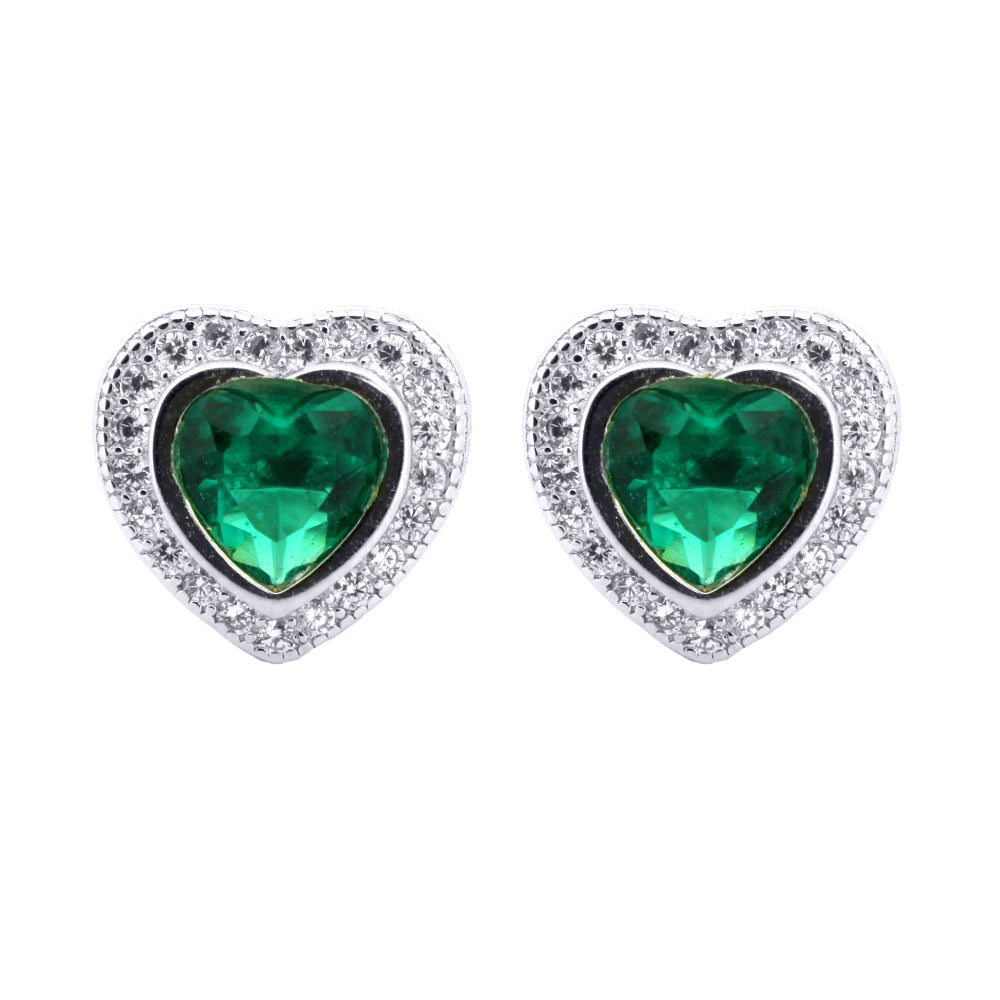 Silver  Green Heart CZ Love Halo Solitaire Cluster Stud Earrings - AES222G