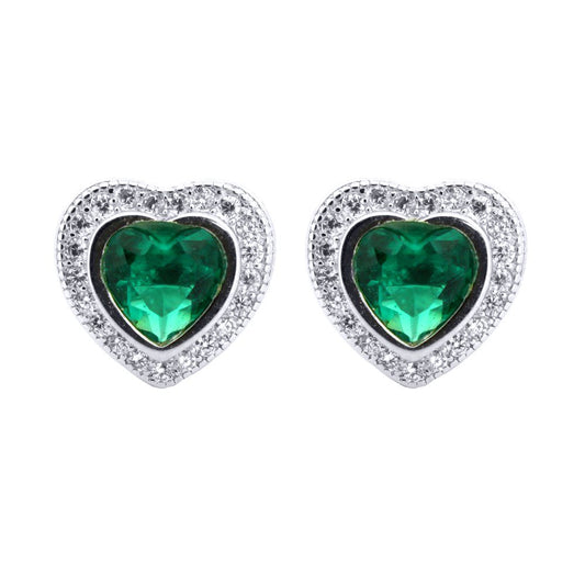Silver  Green Heart CZ Love Halo Solitaire Cluster Stud Earrings - AES222G