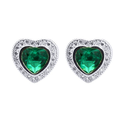 Silver  Green Heart CZ Love Halo Solitaire Cluster Stud Earrings - AES222G