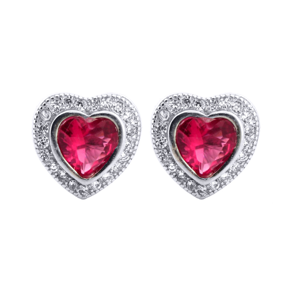 Silver  Red Heart CZ Love Halo Solitaire Cluster Stud Earrings - AES222R