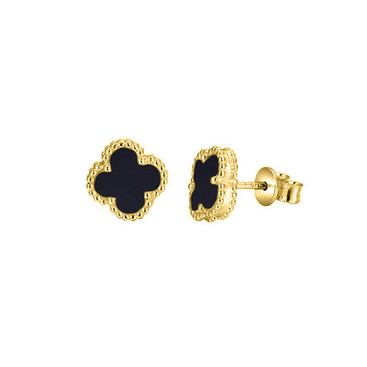 Gold-plated Silver  Black Clover Onyx Lucky Charm Stud Earrings - AES224-GP