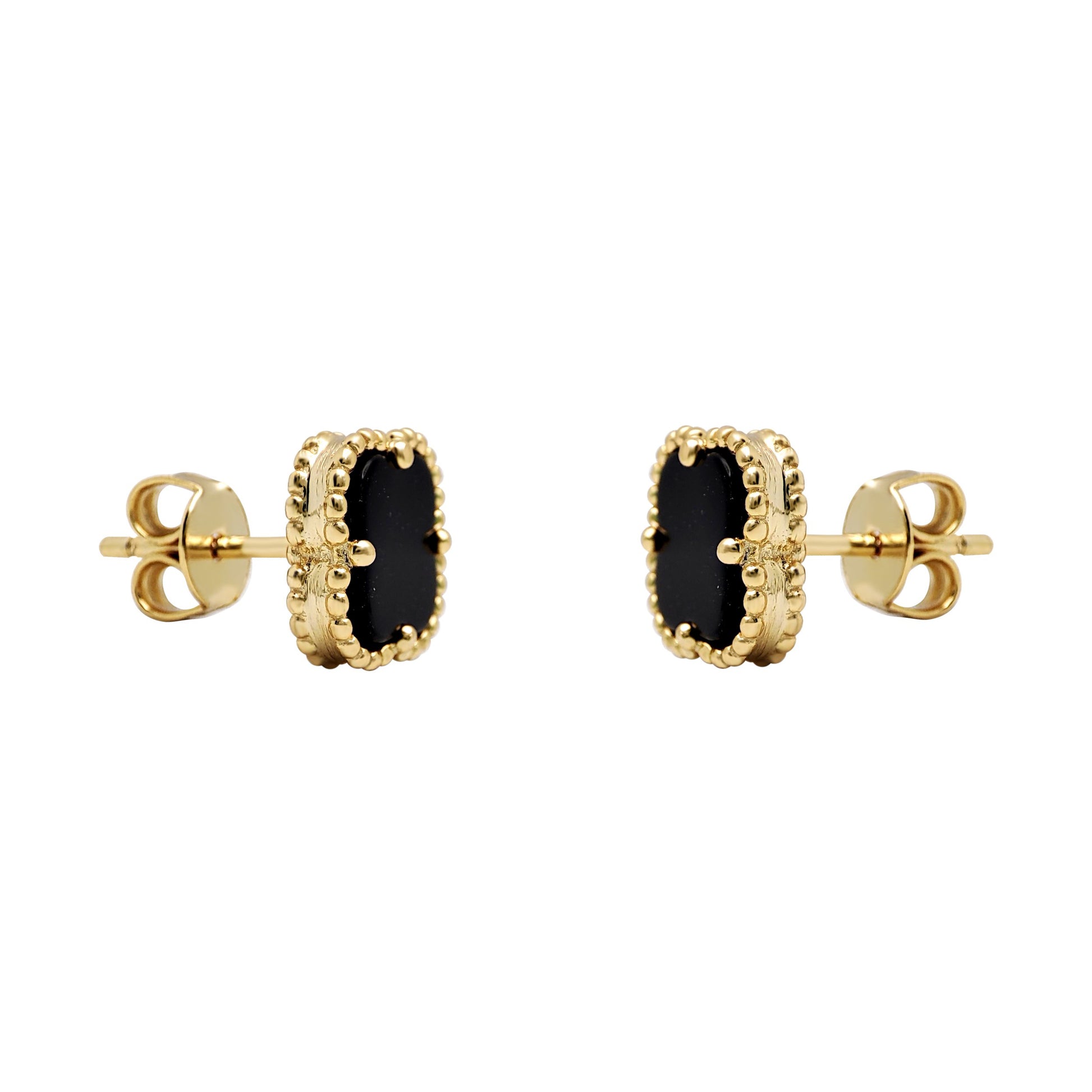 Gold-plated Silver  Black Clover Onyx Lucky Charm Stud Earrings - AES224-GP