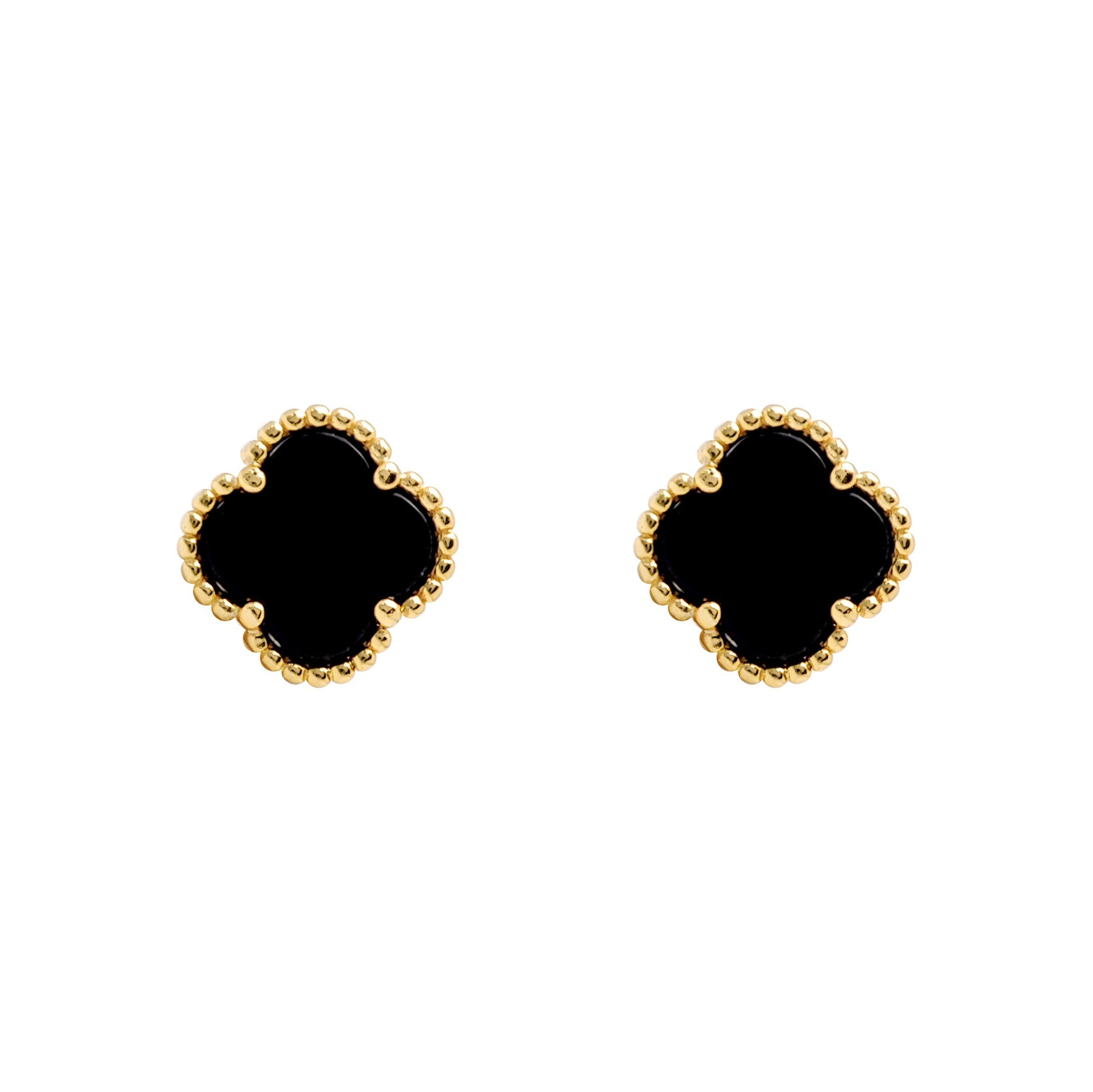 Gold-plated Silver  Black Clover Onyx Lucky Charm Stud Earrings - AES224-GP