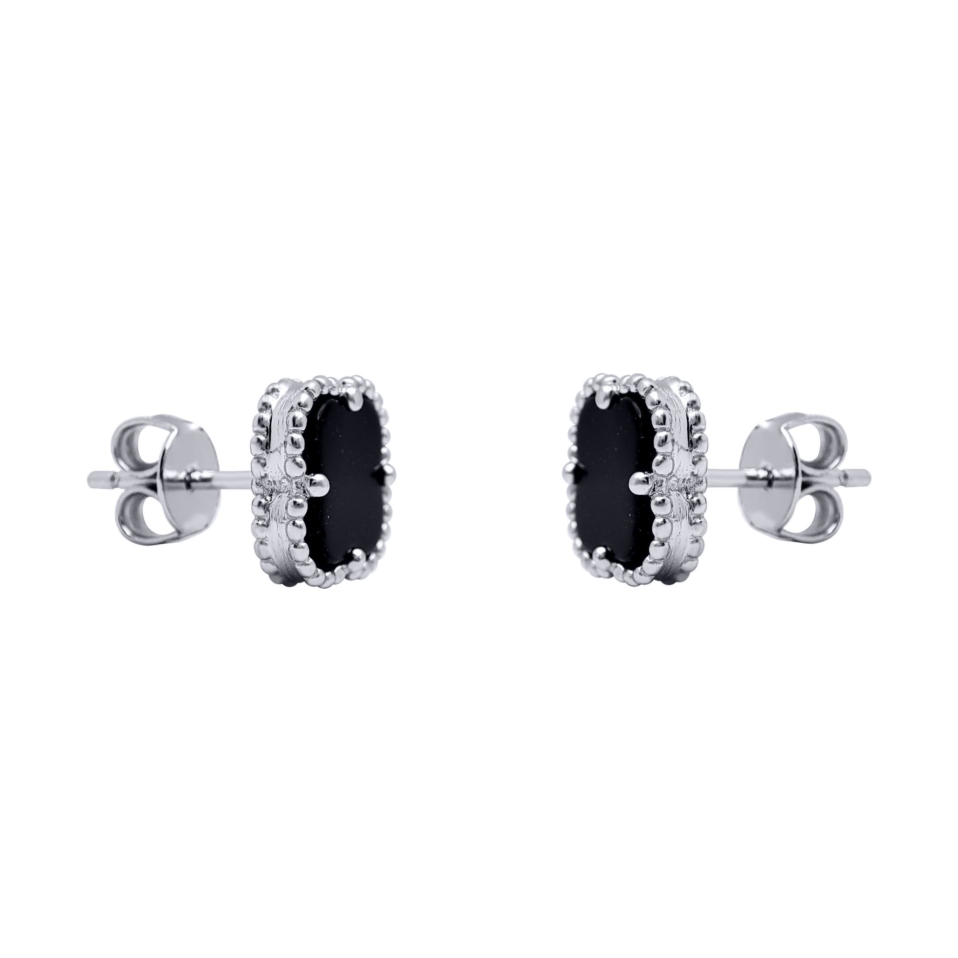 Silver  Black Clover Onyx Bead Edge Lucky Charm Stud Earrings - AES224