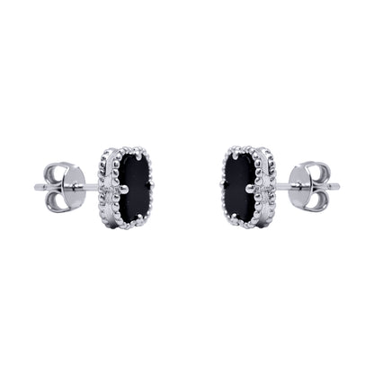 Silver  Black Clover Onyx Bead Edge Lucky Charm Stud Earrings - AES224