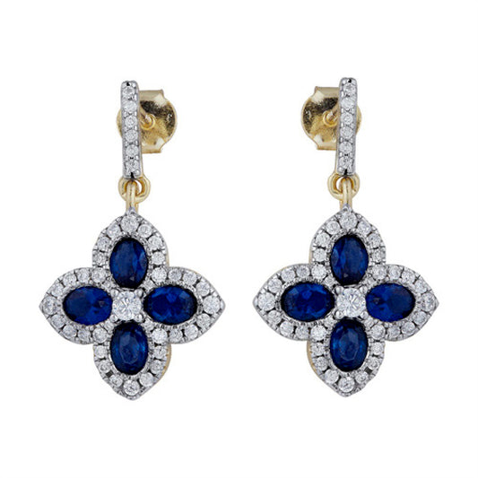 Gold-plated Silver  Blue Oval CZ Quatrefoil Clover Drop Earrings - AES226B