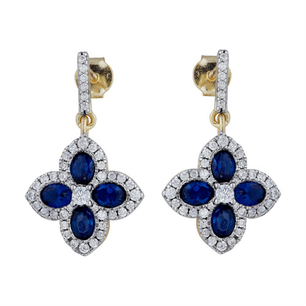 Gold-plated Silver  Blue Oval CZ Quatrefoil Clover Drop Earrings - AES226B