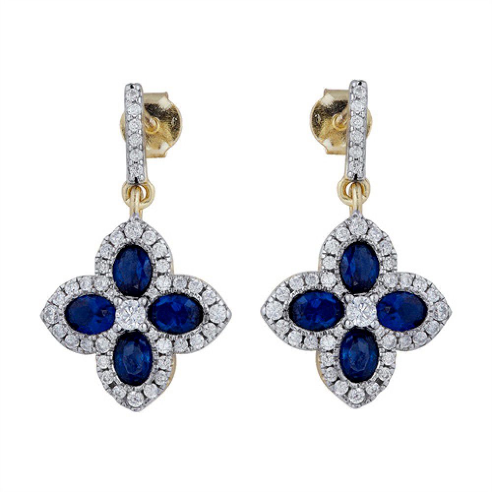 Gold-plated Silver  Blue Oval CZ Quatrefoil Clover Drop Earrings - AES226B