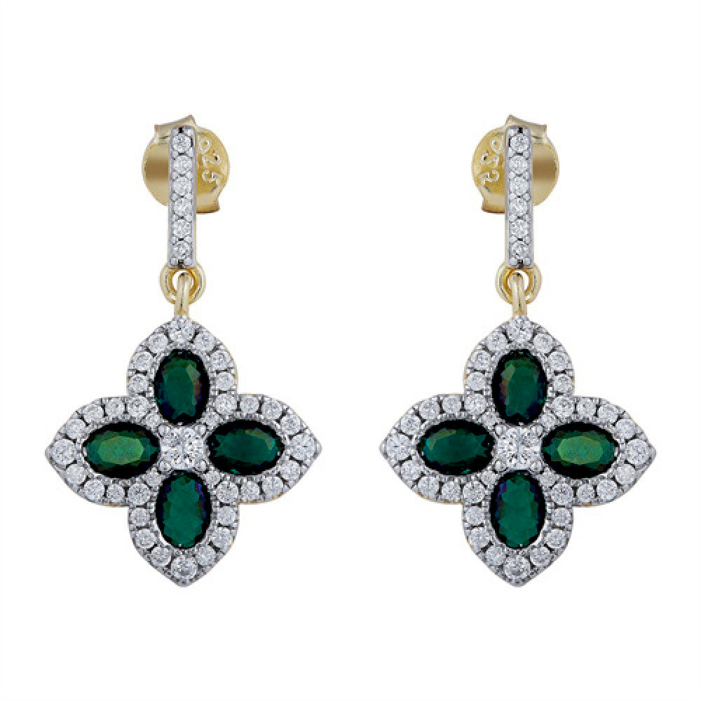 Gold-plated Silver  Green Oval CZ Quatrefoil Clover Drop Earrings - AES226G