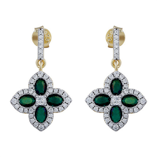 Gold-plated Silver  Green Oval CZ Quatrefoil Clover Drop Earrings - AES226G