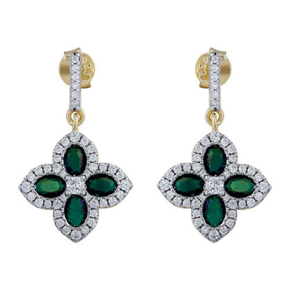Gold-plated Silver  Green Oval CZ Quatrefoil Clover Drop Earrings - AES226G