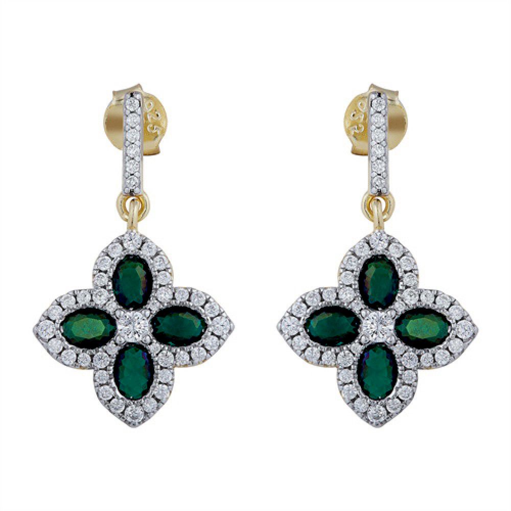 Gold-plated Silver  Green Oval CZ Quatrefoil Clover Drop Earrings - AES226G