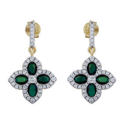 Gold-plated Silver  Green Oval CZ Quatrefoil Clover Drop Earrings - AES226G