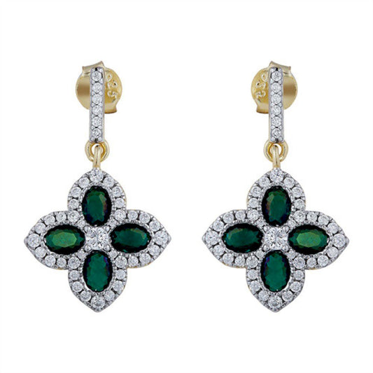 Gold-plated Silver  Green Oval CZ Quatrefoil Clover Drop Earrings - AES226G