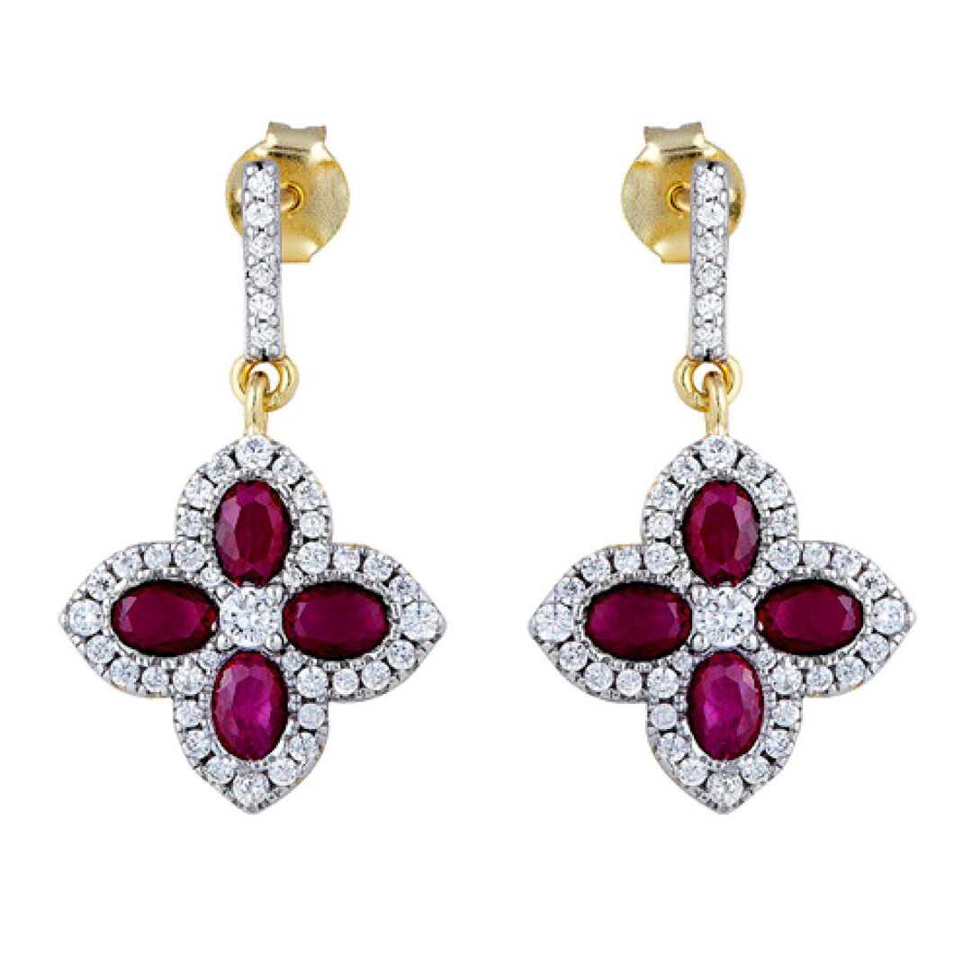 Gold-plated Silver  Red Oval CZ Quatrefoil Clover Drop Earrings - AES226R